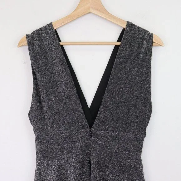 NWT Fraiche by J Metallic Shimmer Deep V-Neck Fit & Flare Minidress Silver Black - Picture 8 of 8
